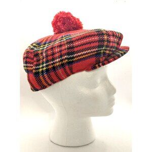 Foxhunter Flat Cap Hand Tailored Hat Red Plaid with Snap and Pom Size 7 Newsboy